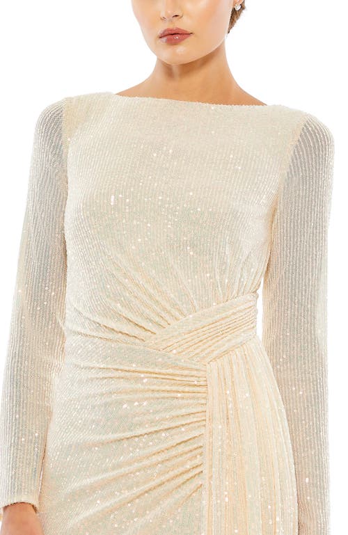 Mac Duggal Sequined Ruched Long Sleeve Boat Neck Gown In Pearl