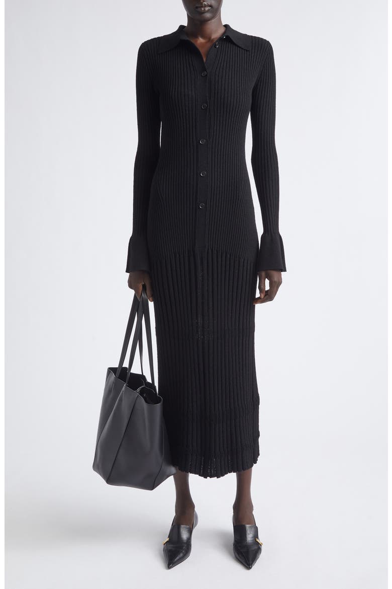 Rosario Point Collar Ribbed Midi Dress, Alternate, color, BLACK