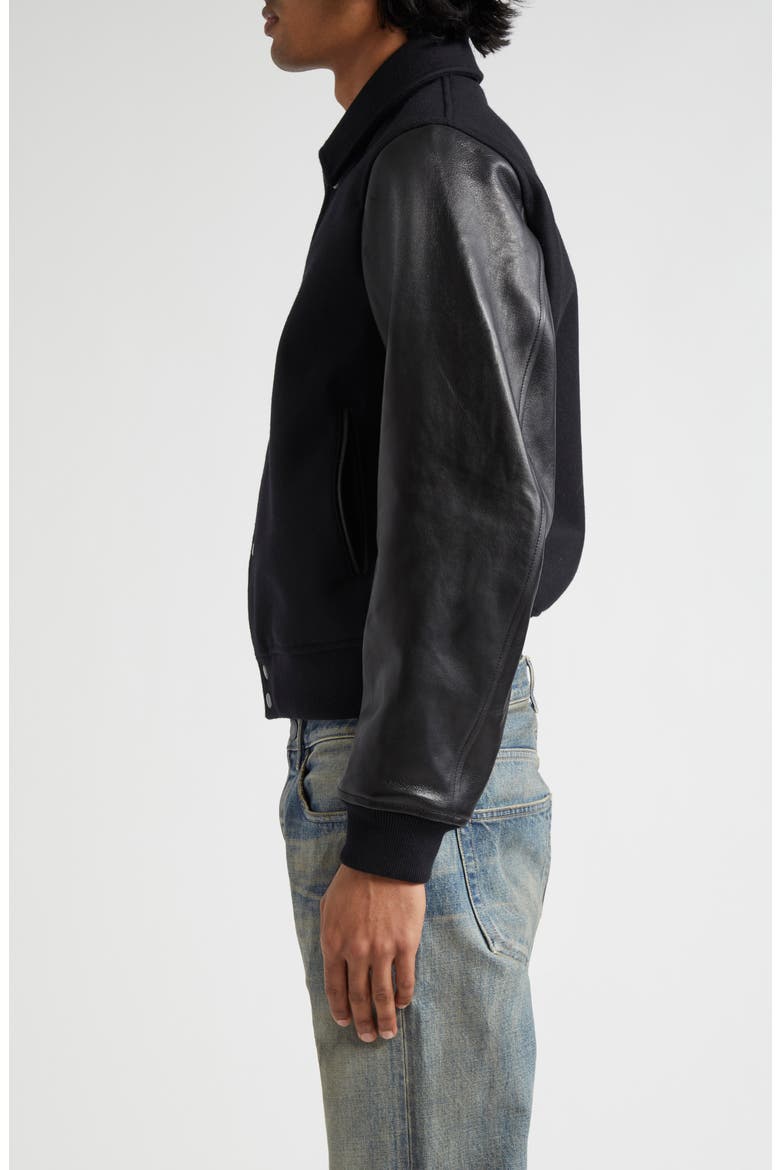 Wool Blend & Leather Varsity Jacket, Alternate, color, BLACK