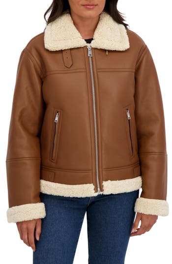 Sebby Faux Shearling Collar Aviator Jacket In Brown