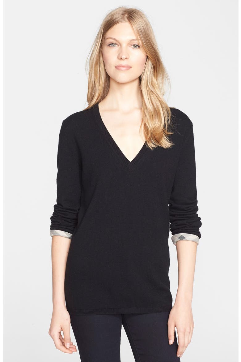 Check Cuff Cashmere & Cotton V-Neck Sweater, Main, color, BLACK