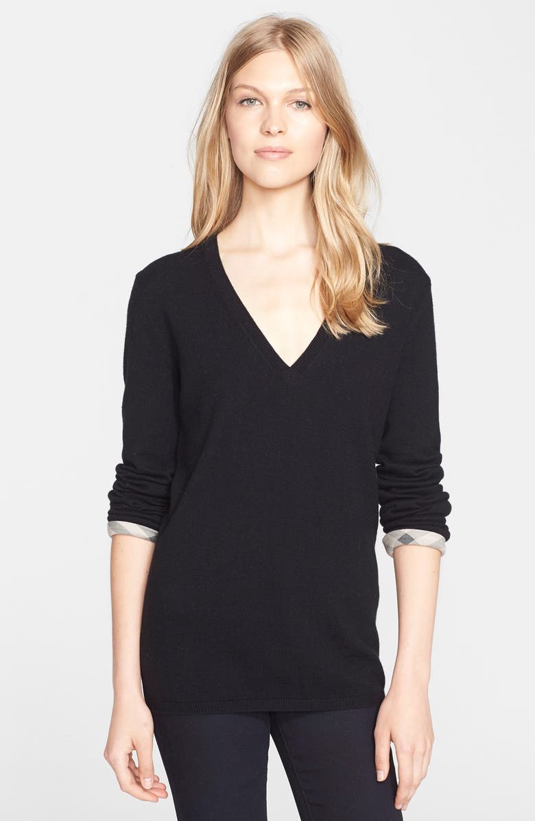Burberry Brit Check Cuff Cashmere & Cotton V-Neck Sweater, Main, color, 