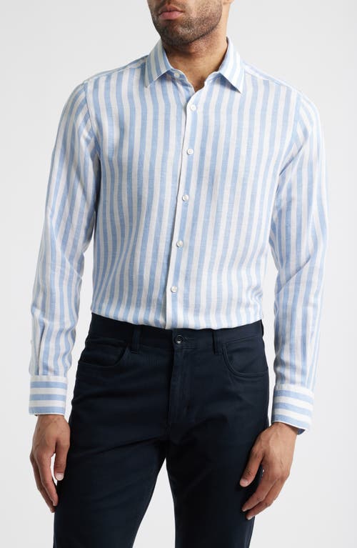 SCOTT BARBER SCOTT BARBER COASTAL REGULAR FIT STRIPE LINEN & LYOCELL BUTTON-UP SHIRT