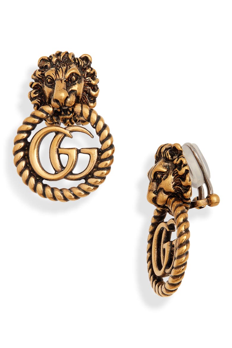 Lion Head Double-G Clip-On Earrings, Main, color, NO COLOR