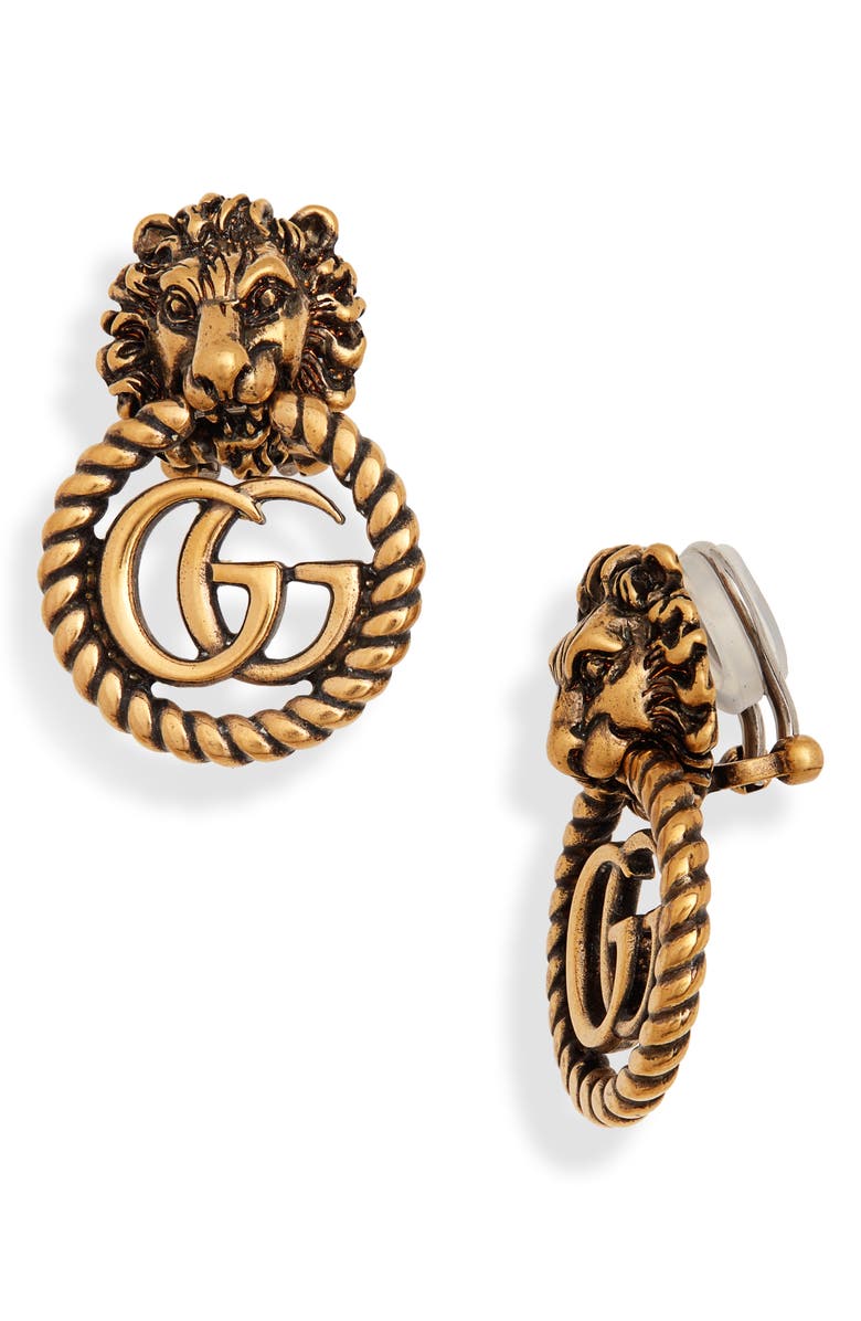 Gucci Lion Head Double-G Clip-On Earrings, Main, color,