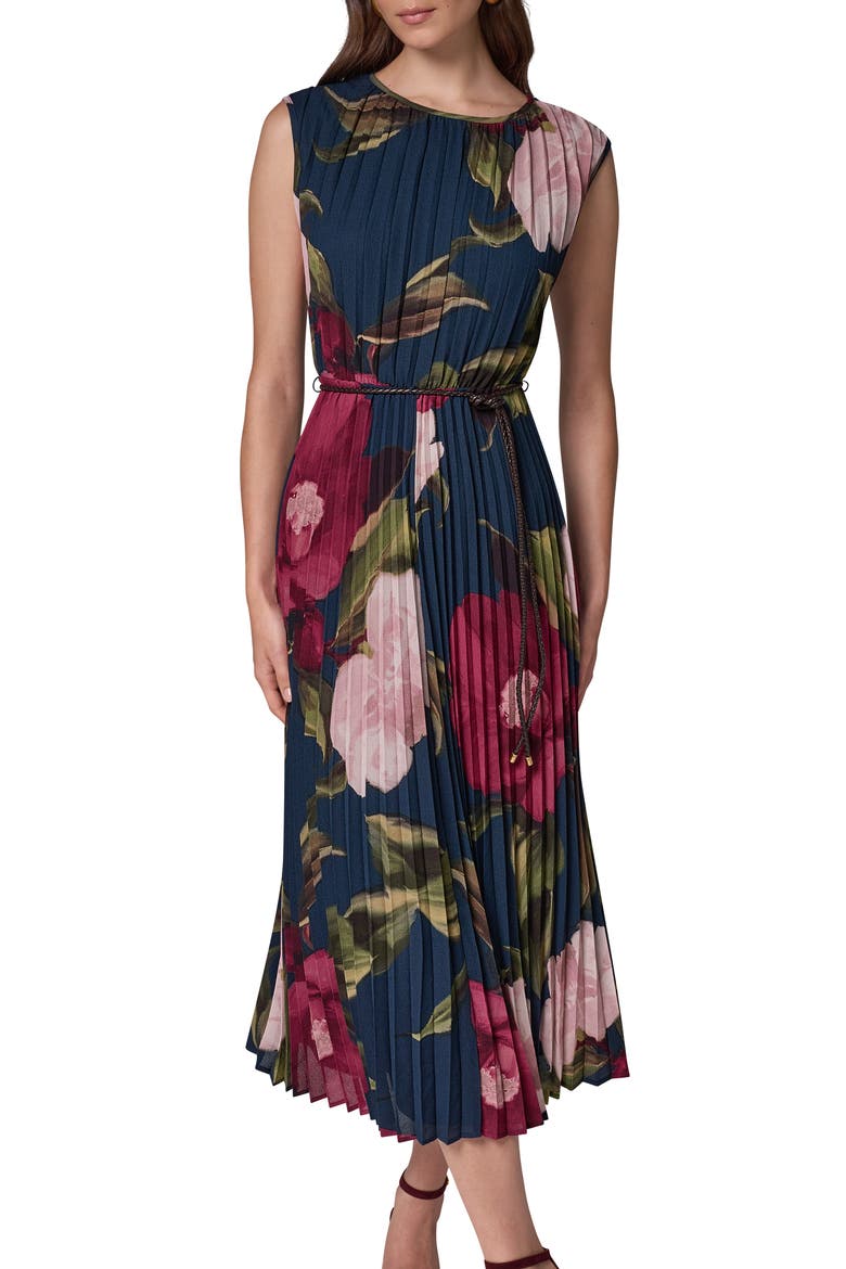Floral Print Pleated Sleeveless Dress, Alternate, color, NAVY