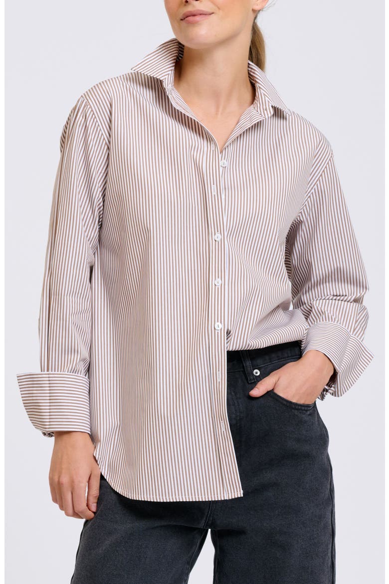 Elodie Stripe Cotton Button-Up Shirt, Alternate, color, CHOCOLATE STRIPE