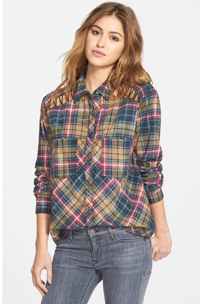 Stitch Detail Plaid Shirt (Nordstrom Exclusive), Main, color, BLACK COMBO