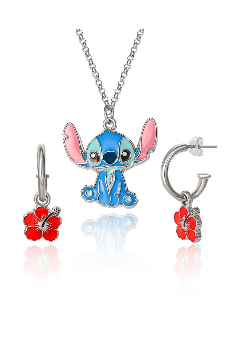 Lilo & Stitch Jewelry Set, Flower Charm Hoop Earrings, 16+3" Necklace, Main, color, Multicolor