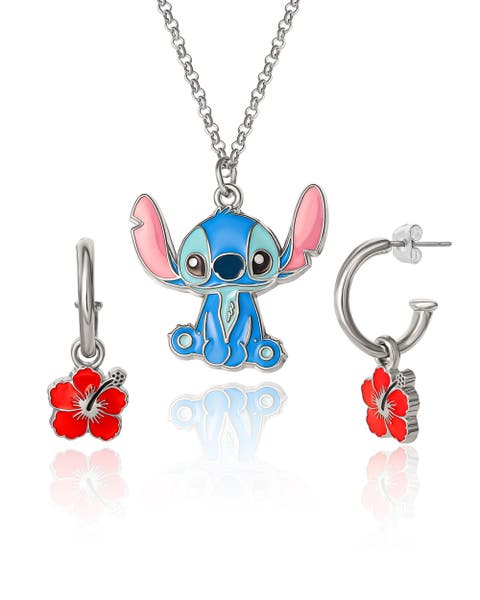 Lilo & Stitch Jewelry Set, Flower Charm Hoop Earrings, 16+3" Necklace