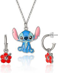 Disney Lilo & Stitch Jewelry Set, Flower Charm Hoop Earrings, 16+3" Necklace