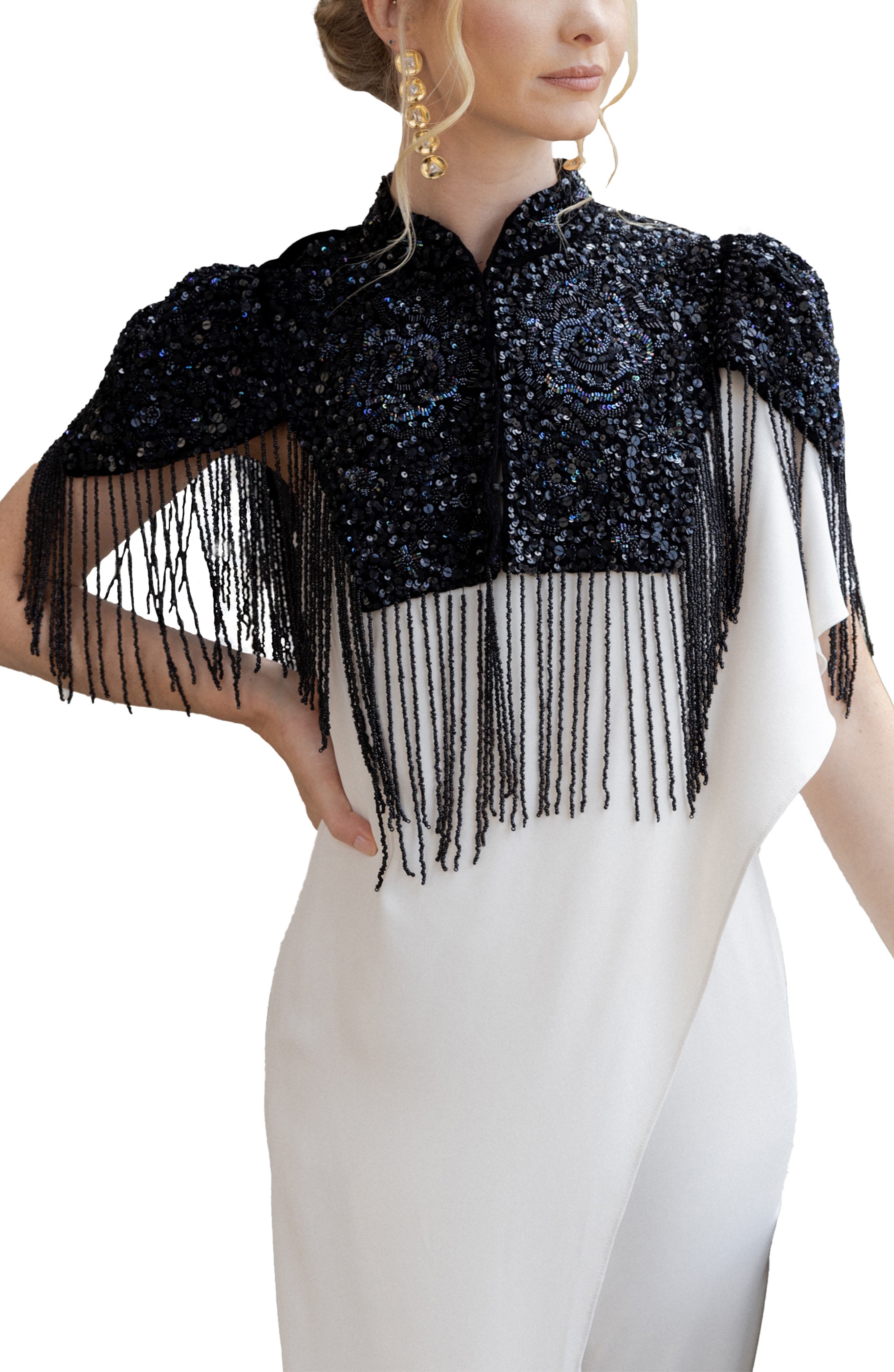 SAACHI Beaded Fringe Velvet Cape (Women) | Nordstromrack