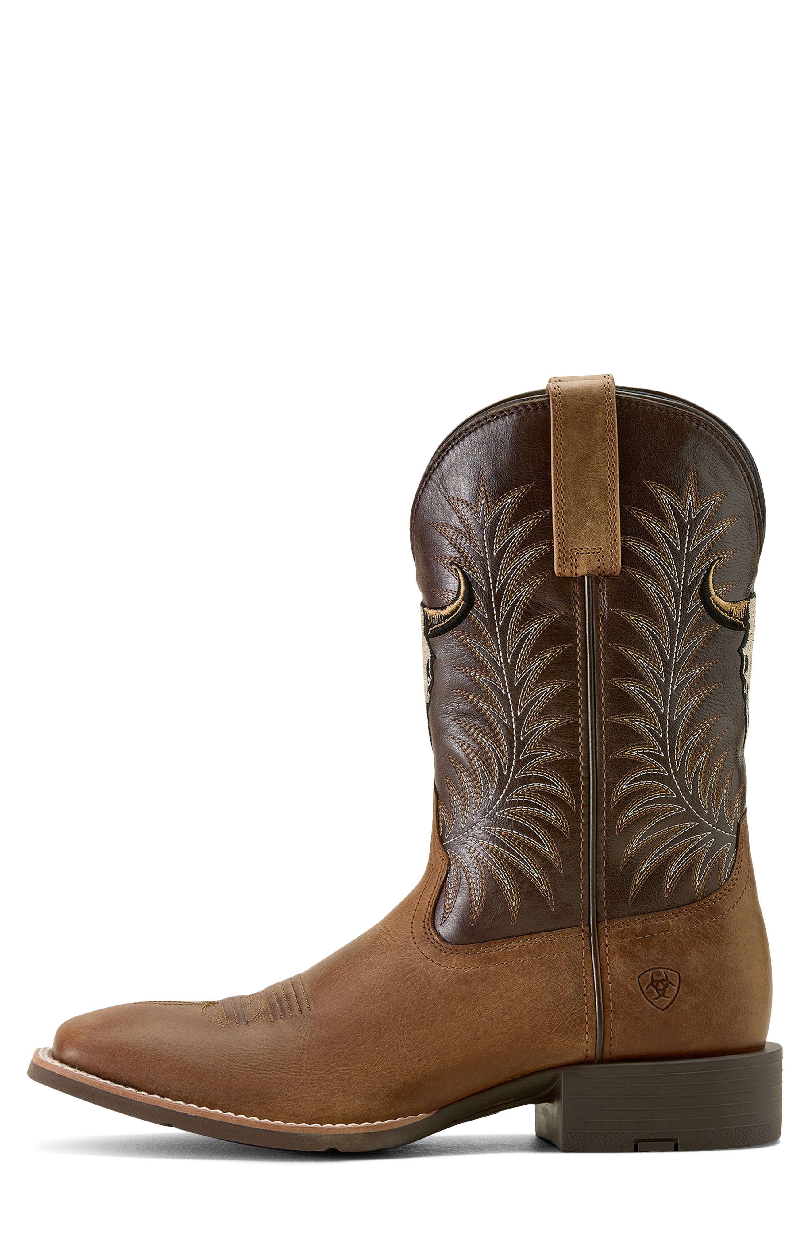 Ariat Sport Steer Skull Wide Square Toe Cowboy Boot, Alternate, color, Brown