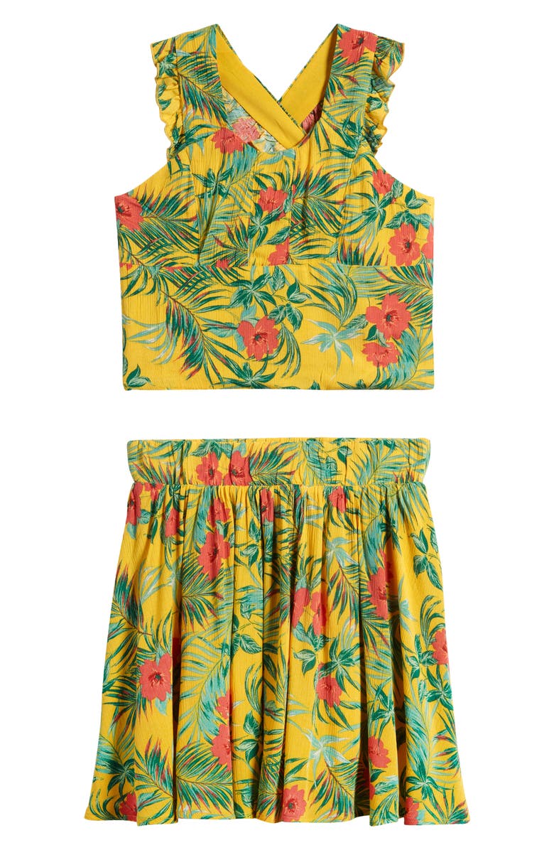 Walking on Sunshine Kids' Tropical Print Crossback Crop Top & Skirt Set, Main, color, 
