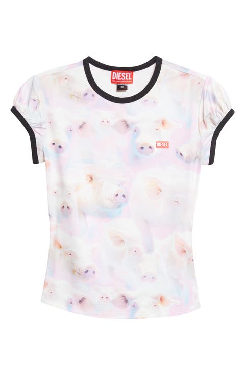 T-Unkyp Pig Print Ringer T-Shirt