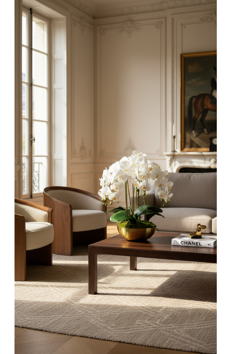 CocoBella Abigail RealTouch White Orchid in Gold Bowl, Alternate, color, Gold, White, Green