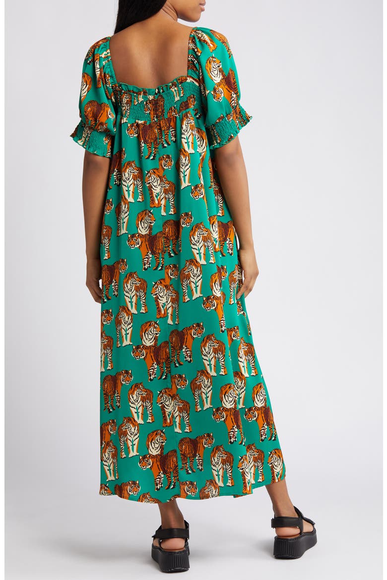Tiger Print Smocked Maxi Dress, Alternate, color, GREEN TIGER