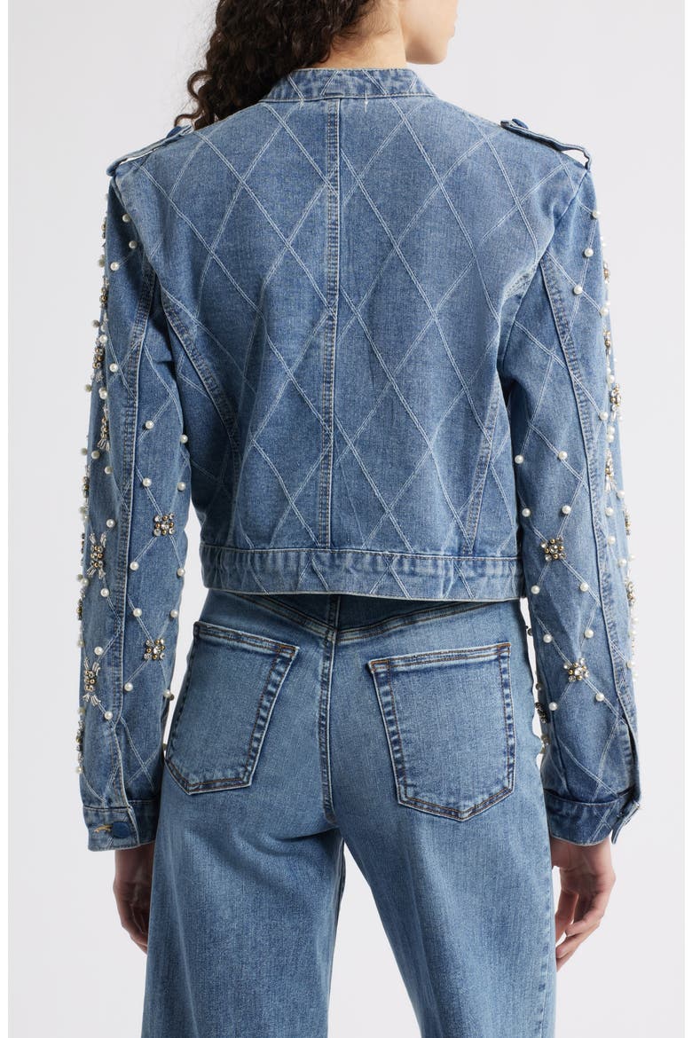 Leyana Embellished Denim Jacket, Alternate, color, BLUE