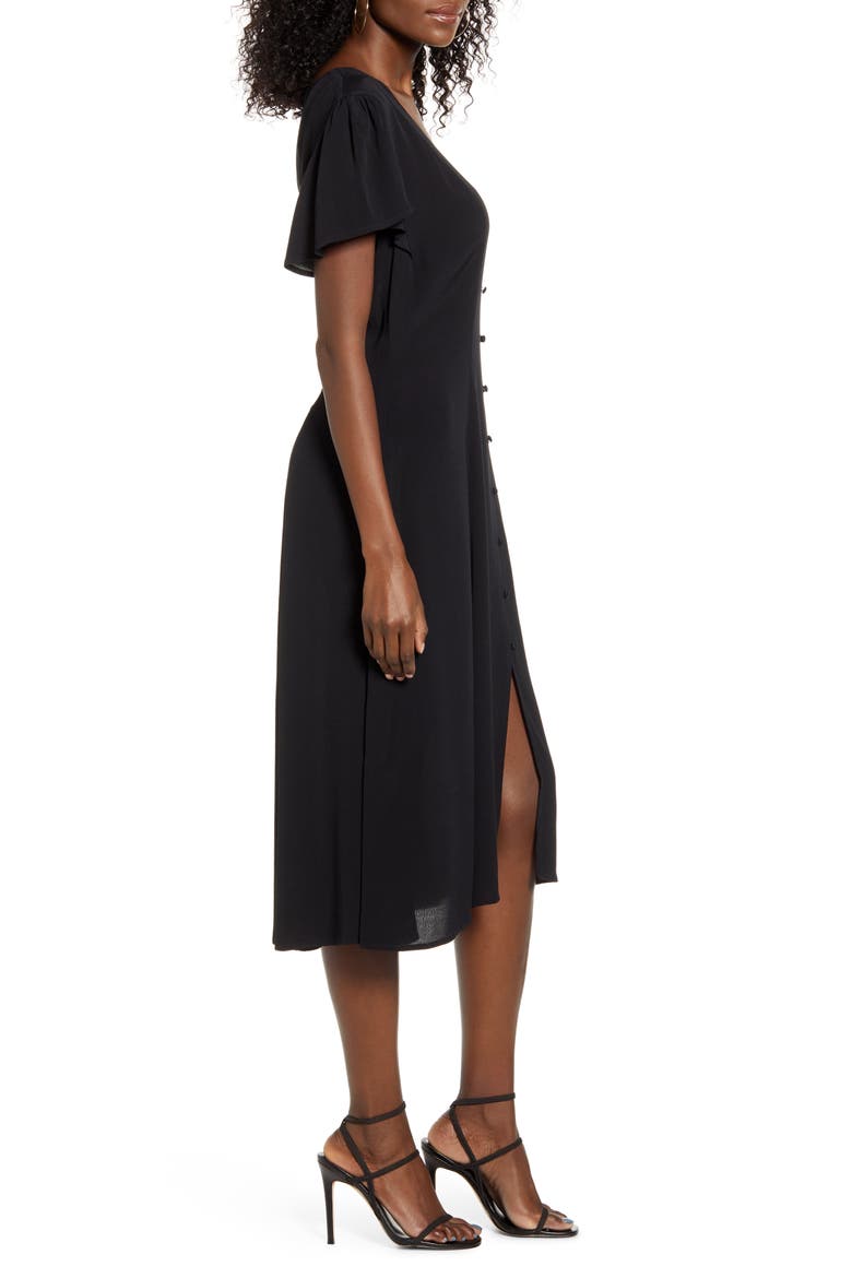 Button Front Flutter Sleeve Midi Dress, Alternate, color, BLACK