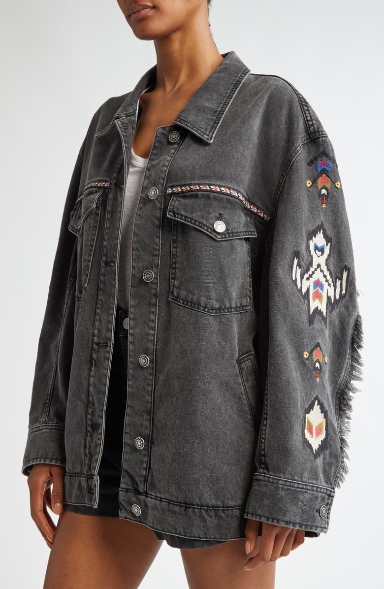 Isabel Marant Étoile Manona Embroidered Fringe Detail Denim Trucker Jacket, Alternate, color,