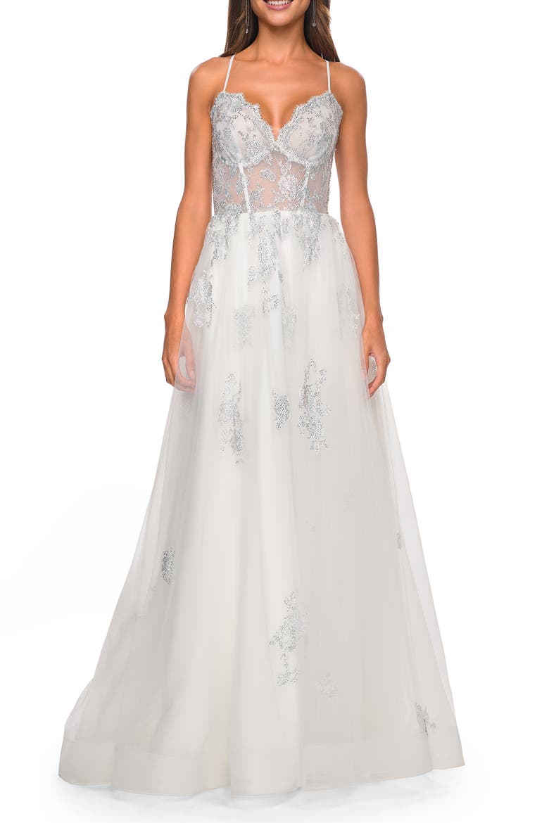 A-Line Tulle Gown with Scallop Detail Bodice and Lace Applique, Alternate, color, White