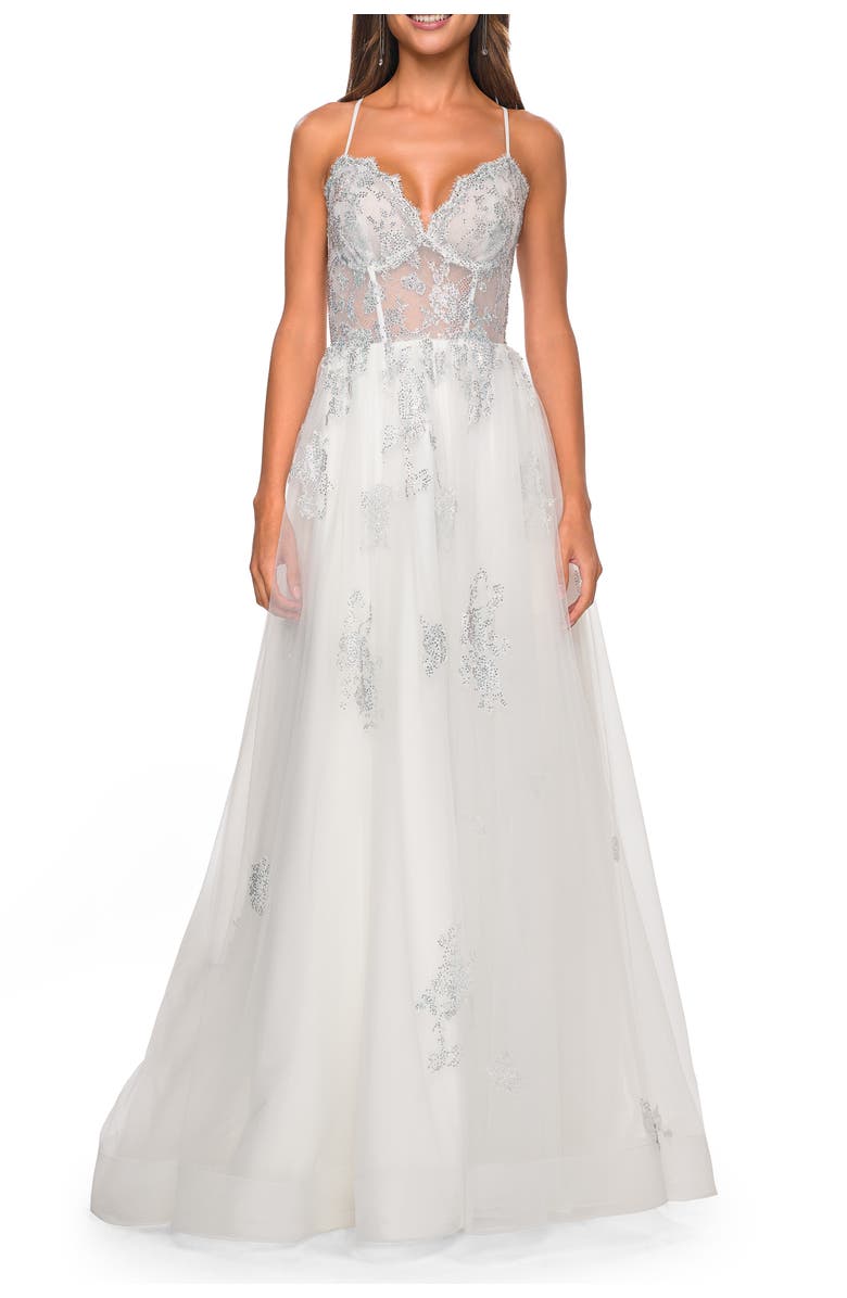 La Femme A-Line Tulle Gown with Scallop Detail Bodice and Lace Applique, Alternate, color, White