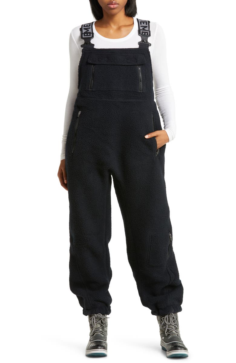 Free People FP Movement Hit the Slopes High Pile Fleece Snow Bibs, Main, color, Black