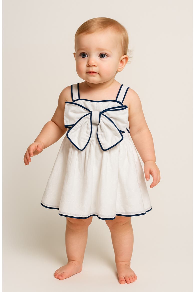 Piped Bow Front Cotton Dress with Bloomers, Alternate, color, WHITE