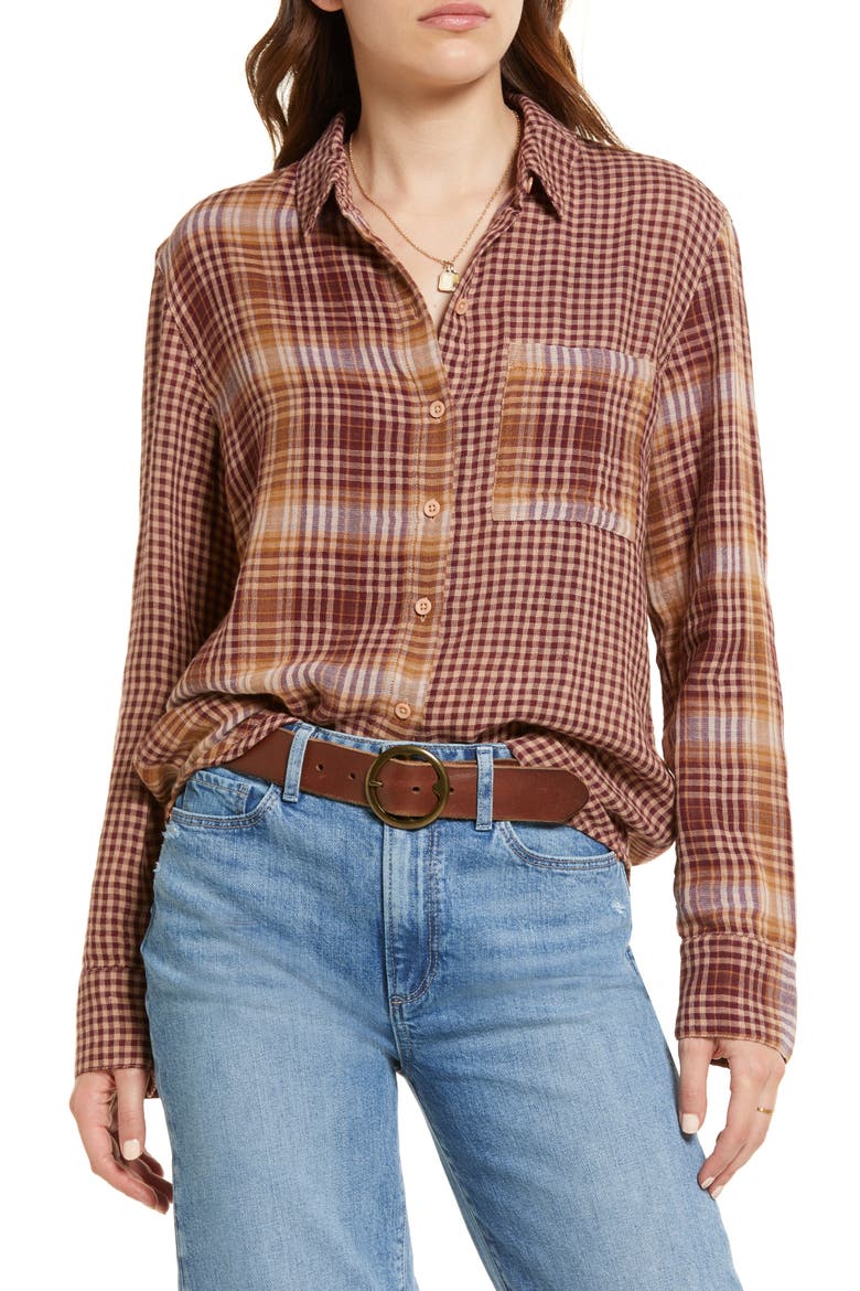 Mixed Plaid Cotton Boyfriend Shirt, Main, color, BURGUNDY- TAN MIXED PLAID