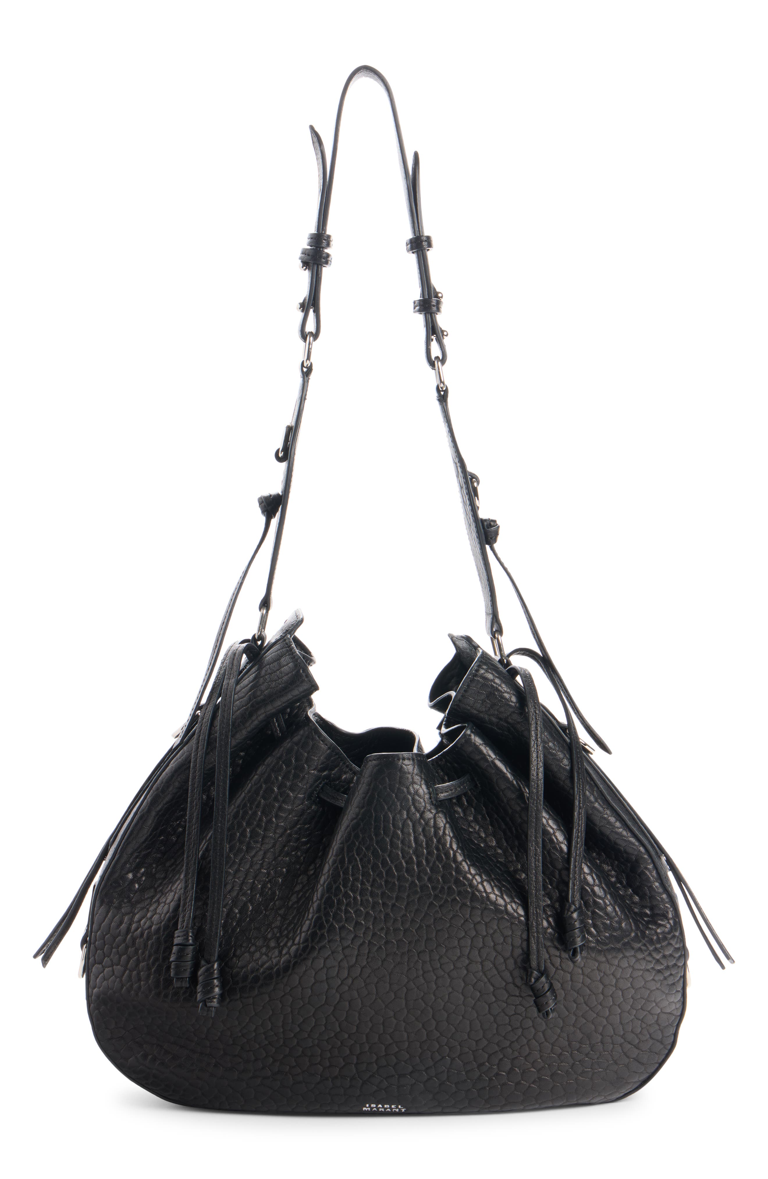 Isabel Marant Bolton Bubble Pebbled Lambskin Leather Hobo Bag, Main, color, Black/ Silver