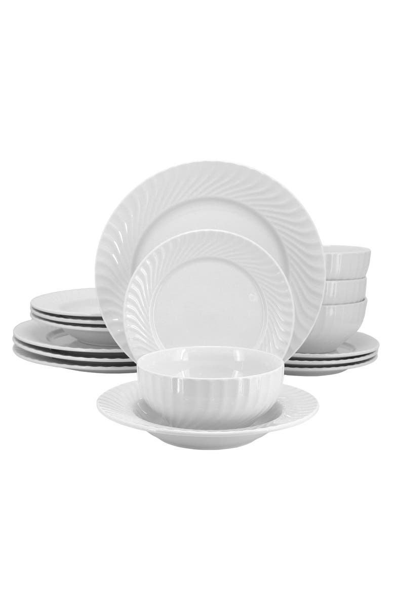 Elama Julia 16 Piece Scalloped Double Bowl Porcelain Dinnerware Set, Main, color, White