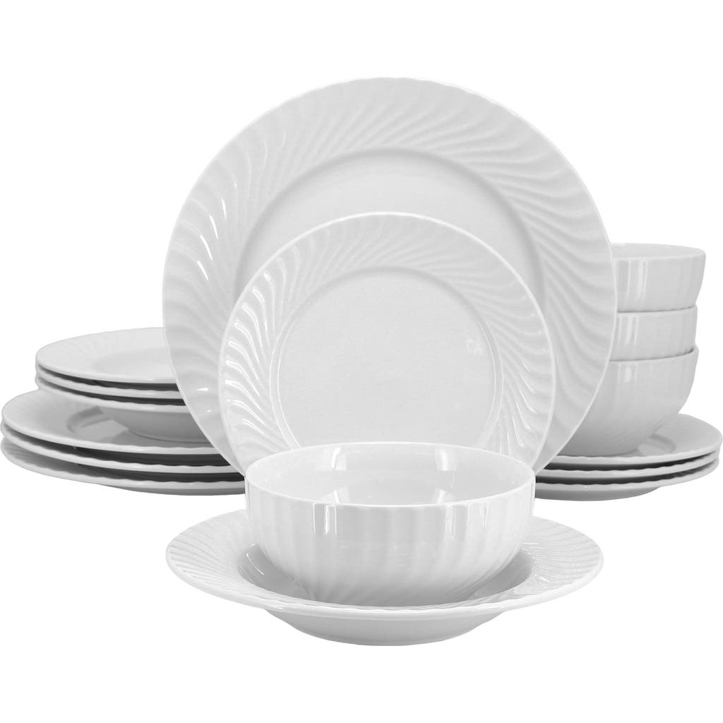 Elama Julia 16 Piece Scalloped Double Bowl Porcelain Dinnerware Set In White