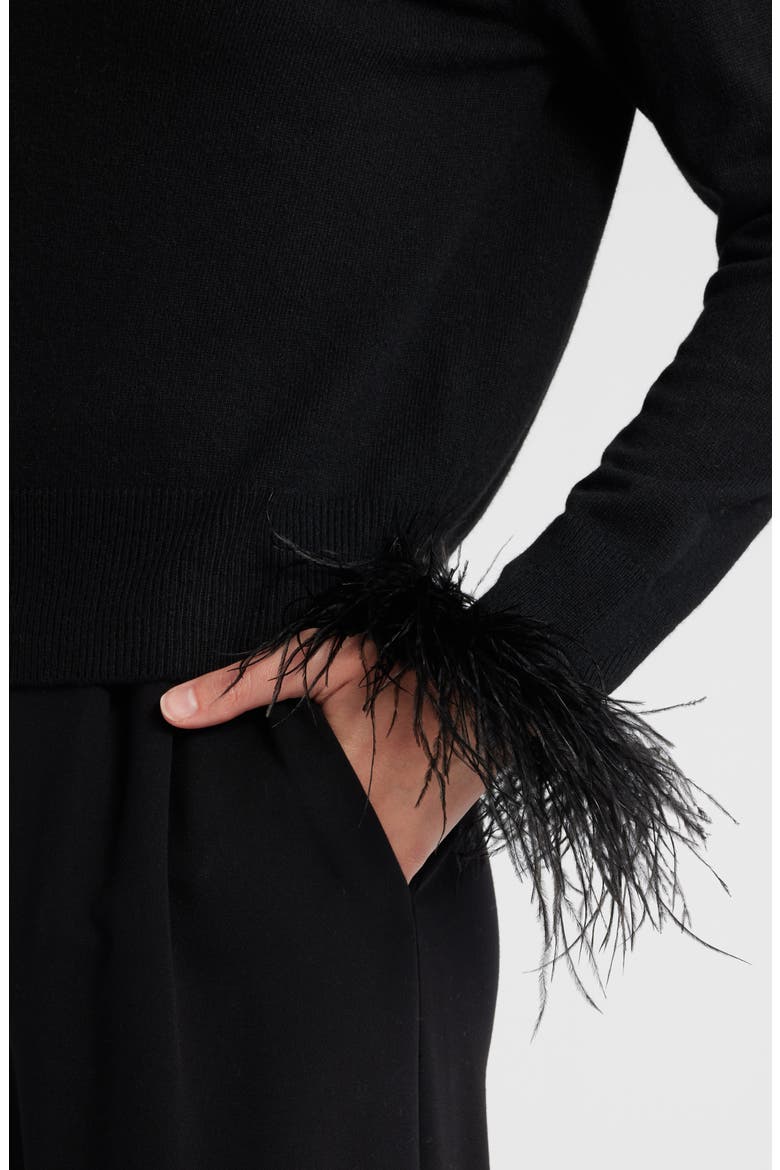 Feather Cuff V-Neck Sweater, Alternate, color, BLACK