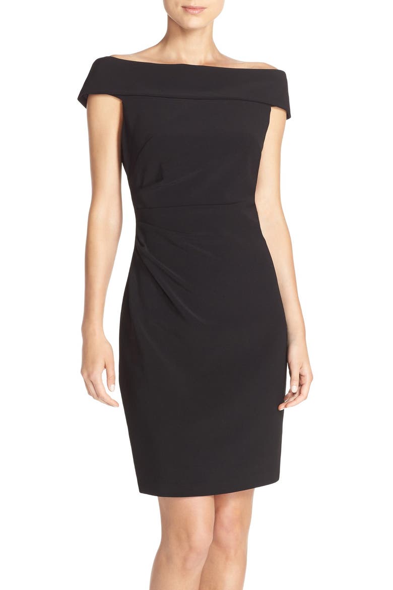 Off the Shoulder Crepe Sheath Dress, Main, color, BLACK