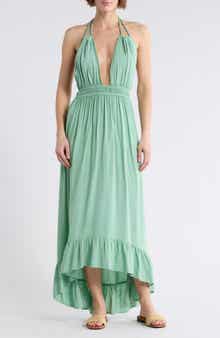 BOHO ME Open Back Plunge Neck Ombré Halter Dress