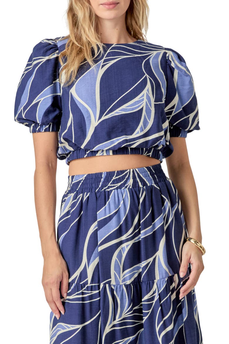 Print Puff Sleeve Crop Top, Main, color, NAVY/ BLUE MULTI