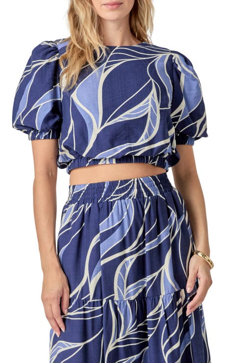Print Puff Sleeve Crop Top