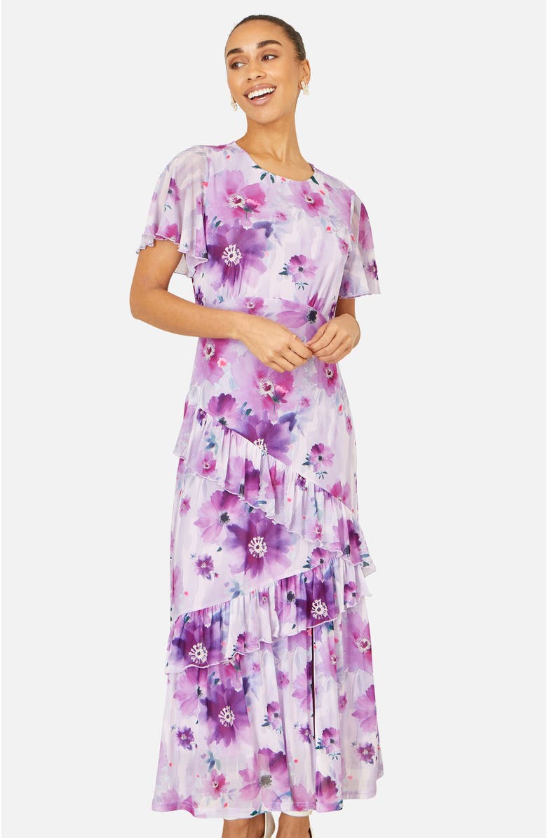 Yumi Floral Print Frill Midi Dress, Main, color, Lavender