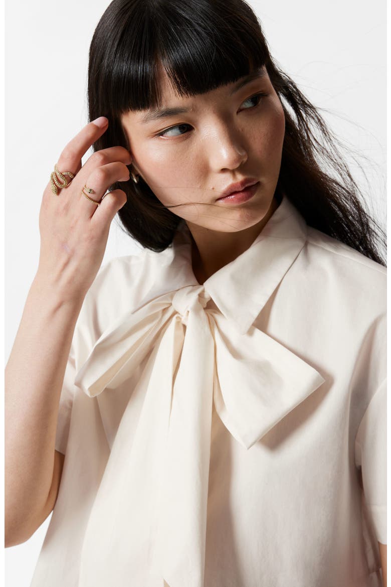 Tie Neck Asymmetric Cotton Button-Up Shirt, Alternate, color, WHITE DUSTY LIGHT