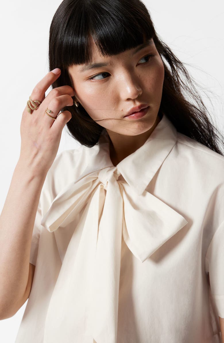 & Other Stories Tie Neck Asymmetric Cotton Button-Up Shirt, Alternate, color,