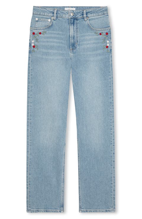 Topanga Floral Embroidered High Waist Straight Leg Jeans (Dainty Rose)