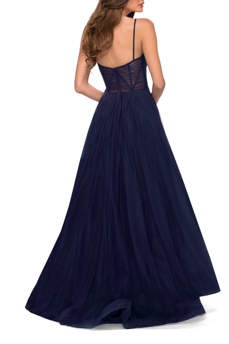 A Line Tulle Prom Dress with Sheer Bodice, Alternate, color, NAVY