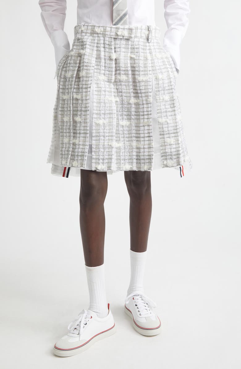 Thom Browne Low Rise Pleated Tweed Skirt, Main, color, Medium Grey