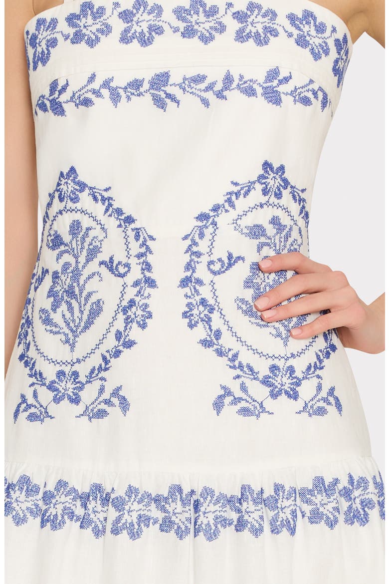 Lela Placed Embroidery Linen & Cotton Midi Dress, Alternate, color, WHITE/ BLUE