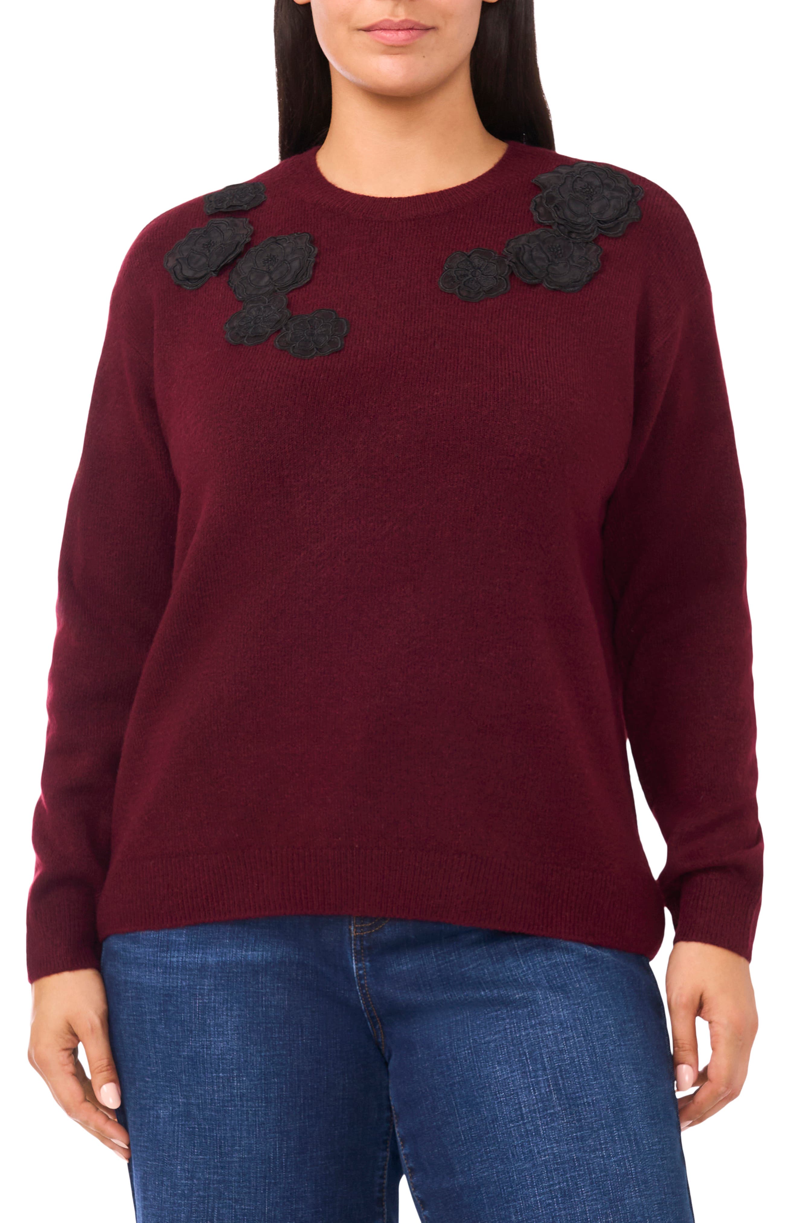Floral Appliqué Crewneck Sweater