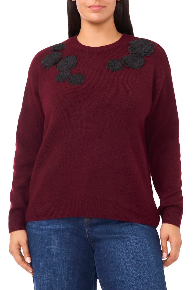 Floral Appliqué Crewneck Sweater, Main, color, WINE