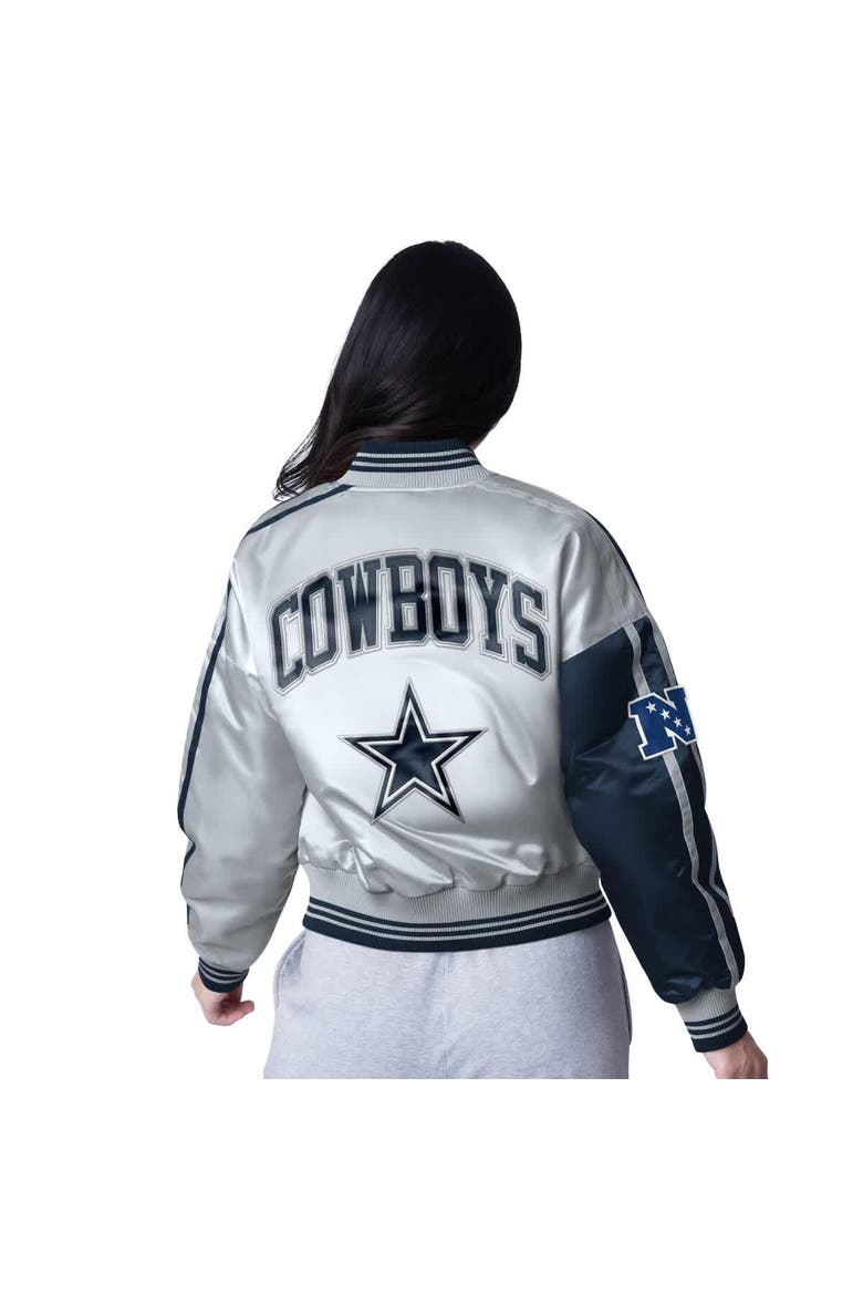 Women's Starter  Navy/Silver Dallas Cowboys Zone Blitz Cropped Full-Snap Satin Jacket, Alternate, color, Navy
