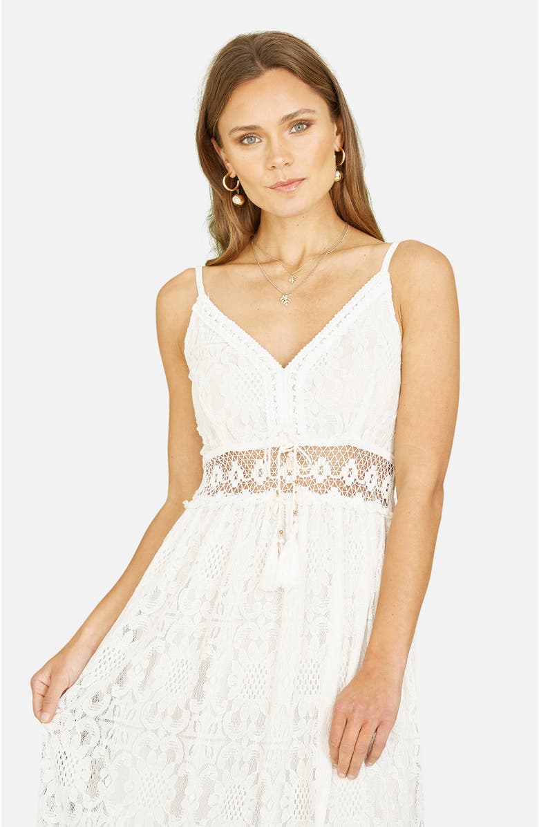 Yumi Lace Embroidered Tassel Tie Midi Dress, Alternate, color, White