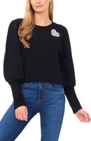CeCe Faux Pearl Heart Embellished Crewneck Sweater