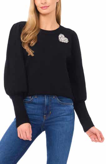 CeCe Faux Pearl Heart Embellished Crewneck Sweater